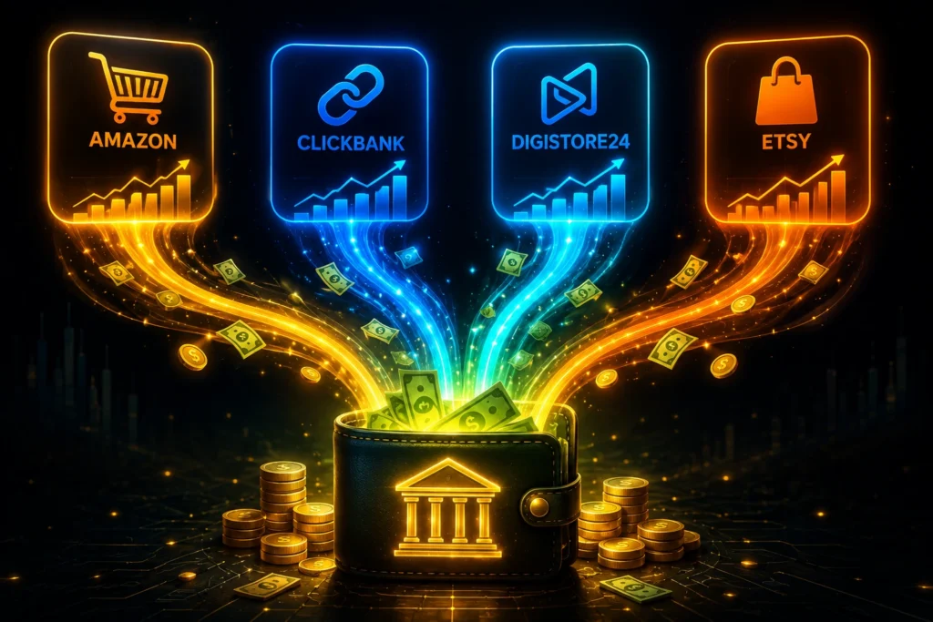 Stack commissions from Amazon ClickBank Digistore24 and Etsy simultaneously